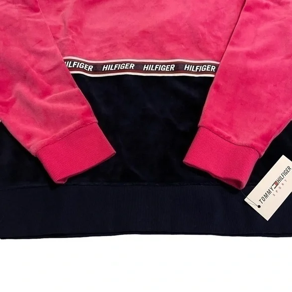 Women’s TOMMY HILFIGER Sport Pink and Black Velour Crewneck Sweatshirt Top NWT - Picture 3 of 6